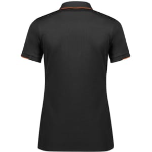 A black women's polo shirt with short sleeves and orange detailing, featuring a logo on the back.