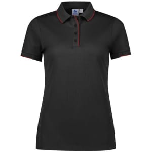 A black short sleeve polo shirt with red accents and a collar, featuring a logo.