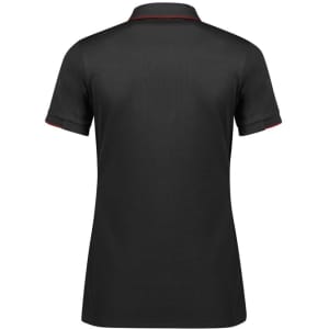 A black women's short sleeve polo shirt featuring contrasting trim and a logo.