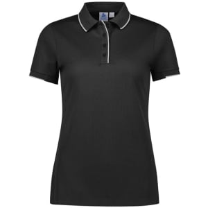A black short sleeve polo shirt for women featuring a collar and a branded logo on the chest.