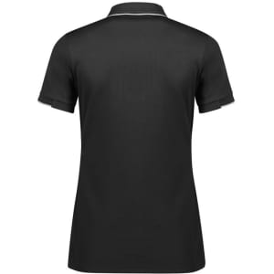 A black women's short sleeve polo shirt with a collar and contrasting details, featuring a logo.