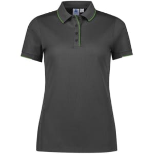 A womens short sleeve polo shirt in dark grey with green accents. It features a collar and buttons, plus a logo.