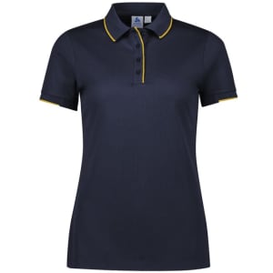 A navy women's short sleeve polo shirt featuring yellow trim and a logo on the chest.