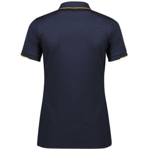 A navy women's short sleeve polo shirt featuring a contrasting neckline and logo.