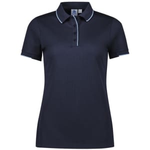 A navy women's short sleeve polo shirt featuring a contrasting collar and buttons, with a logo on the chest.