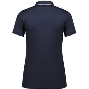 A navy women's short sleeve polo shirt featuring a contrasting collar and an unseen logo on the back.