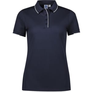 A navy women's short sleeve polo with a contrasting collar and branding.