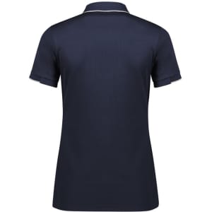 A navy blue women's short sleeve polo shirt with a collar and an embroidered logo.