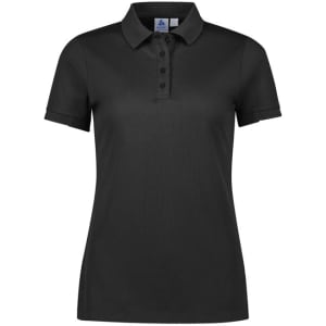 A black women's short sleeve polo shirt with a collar and buttons, featuring a logo.