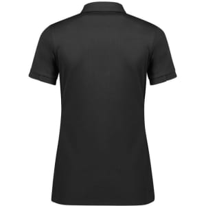 A women's short sleeve polo shirt in black, featuring a collar and rolled sleeves, with a logo on the back.