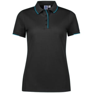 A women's short sleeve polo shirt in black with teal accents and a branded logo on the chest.