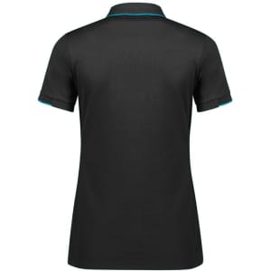 A black women's short sleeve polo shirt featuring turquoise accents and a logo.