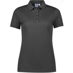 A dark grey women's short sleeve polo shirt featuring a collar and button detailing, with a logo on the chest.