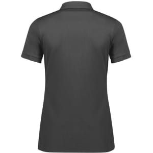 A women's short sleeve polo shirt in dark grey, featuring a collar and a logo.