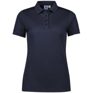A navy short sleeve polo shirt for women featuring a collar and button placket, with a logo on the chest.