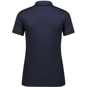 A navy short sleeve polo shirt with a collar and rolled sleeves. Features a logo on the back.