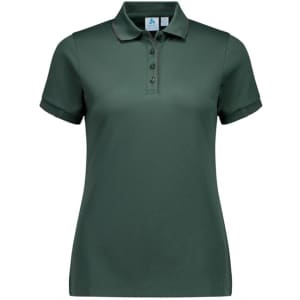 A women's short sleeve polo shirt in dark green with a collar and button placket, featuring a logo.