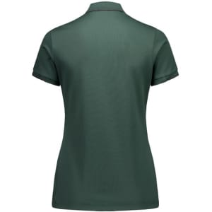 A dark green women's short sleeve polo shirt with a collar and a logo on the back.