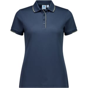 A navy blue women's short sleeve polo shirt with contrasting trim and a logo. Features a button-up collar and short sleeves.