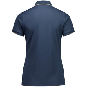 A navy blue women's short sleeve polo shirt with a contrasting collar and cuff detailing. It features a logo.