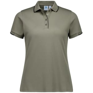 A women's short sleeve polo shirt in olive green with contrasting trim and a logo.