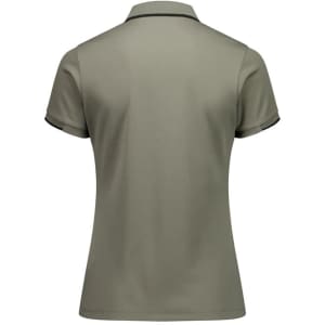 A short sleeve women's polo shirt in olive green with contrasting trim and a logo.