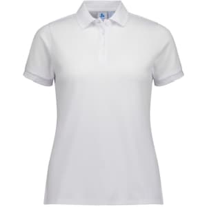 A white women's short sleeve polo shirt with a collar and a logo on the upper left.