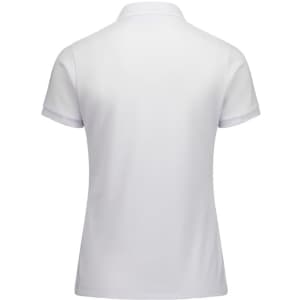 A white women's short sleeve polo shirt featuring a collared design and smooth fabric. It includes a logo on the garment.