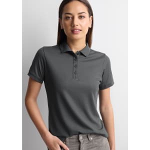 A women's short sleeve polo shirt in grey, featuring a classic collar and button placket. Includes a logo.