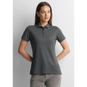 A women's short sleeve polo shirt in charcoal grey with a collar and button placket. It has a fitted silhouette and branding.