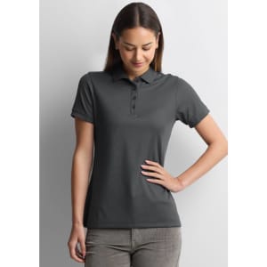 A women's short sleeve polo shirt in dark grey with a classic collar and button detail, featuring a logo.