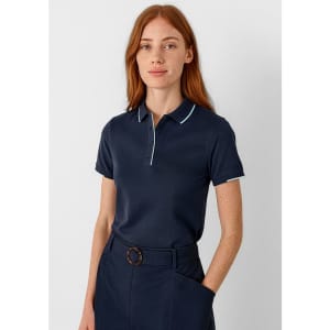 A navy blue women's short sleeve polo shirt featuring a classic collar and a logo.