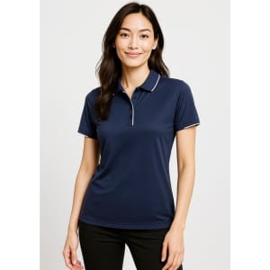A navy short sleeve polo shirt for women, featuring a collar and contrasting details. It has a logo on the chest.