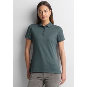 A women's short sleeve polo shirt in a teal colour, featuring a collar and buttons, with a logo on the chest.