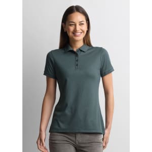 A women's short sleeve polo shirt in deep green, featuring a buttoned placket and fitted design. It has a logo.