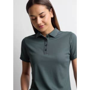 A women's short sleeve polo shirt in dark green, featuring a collared neckline and button placket. It has a logo.