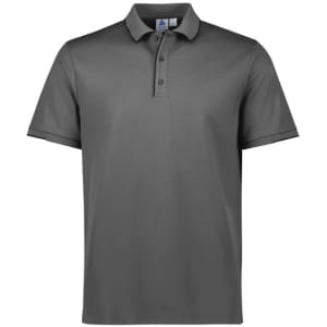 A grey men's short sleeve polo shirt featuring a collar and a logo.