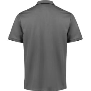 A grey short sleeve polo shirt with a collar and a logo on the back. Suitable for casual wear.