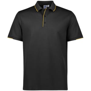 A black short sleeve polo shirt with yellow collar and button detailing, featuring a logo.