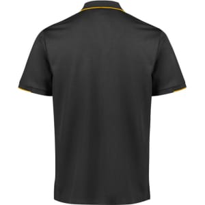 A black short sleeve polo shirt with yellow accents and a logo on the chest.
