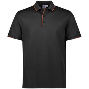 A black short sleeve polo shirt featuring orange accents and a logo on the chest.