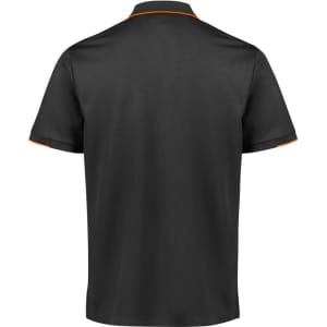A black men's short sleeve polo shirt featuring contrasting orange trim and a logo on the back.