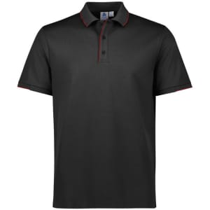 A black short sleeve polo shirt with red trim and a logo on the chest.