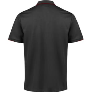 A black short sleeve polo shirt with contrasting trim and a logo on the chest. Plain back view.