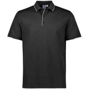 A black short sleeve polo shirt featuring a contrasting collar and logos. Suitable for casual or smart-casual wear.