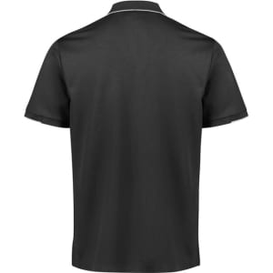 A black short sleeve polo shirt featuring a collar and a logo on the front.