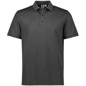 A grey men's short sleeve polo shirt with green accents and a collar featuring a logo.