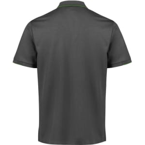 A grey men's short sleeve polo shirt with green detailing and a logo. Features a classic collar and a relaxed fit.