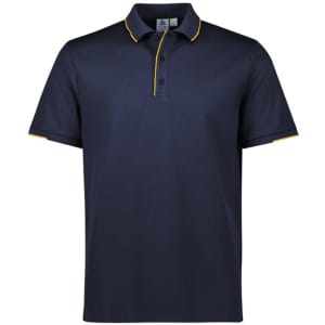 Navy blue short sleeve polo shirt with yellow accents and a logo on the chest.