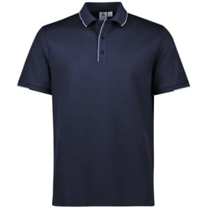 A navy blue men's short sleeve polo shirt with contrasting trim and a collar. Features a logo.